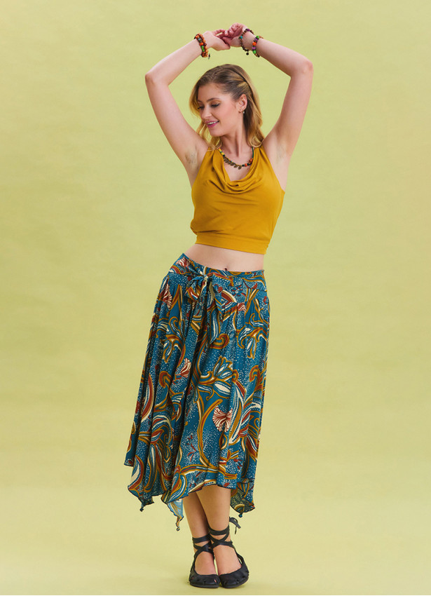 Petrol Midi Skirt with Waist Tie and Gipe Detail 4505